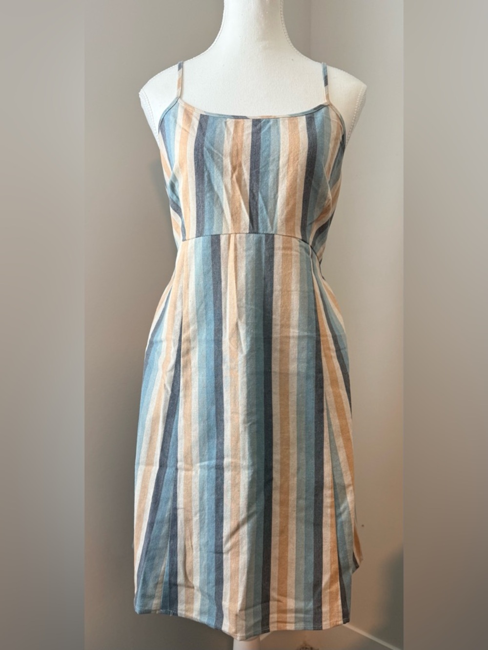 Anthropologie Knot Sisters Linen Blend Striped Tie Back Cutout Dress Large NWT